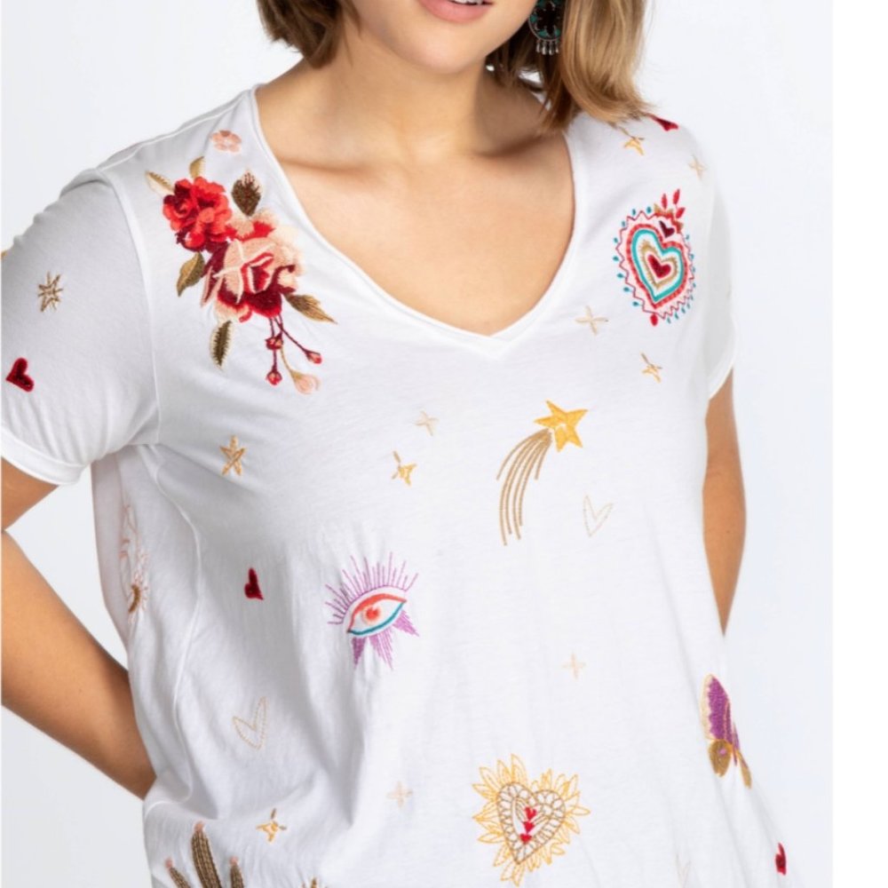 Johnny Was White Long Sleeve Tee with Colorful Embroidery